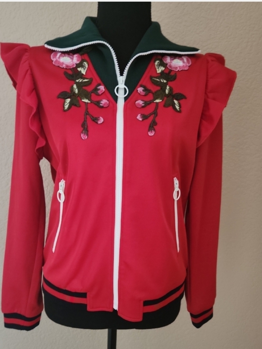 Gucci Red Floral-Embroidered Varsity Jacket with Dark Green Collar